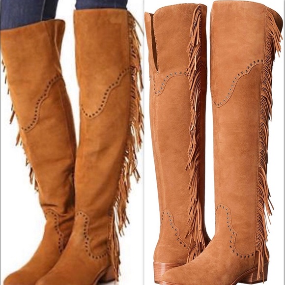 FRYE SUEDE LEATHER BOHO FRINGE OTK BOOT - Picture 2 of 9